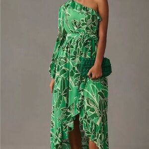 FARM Rio One-Shoulder Green Floral Ruffle Dress